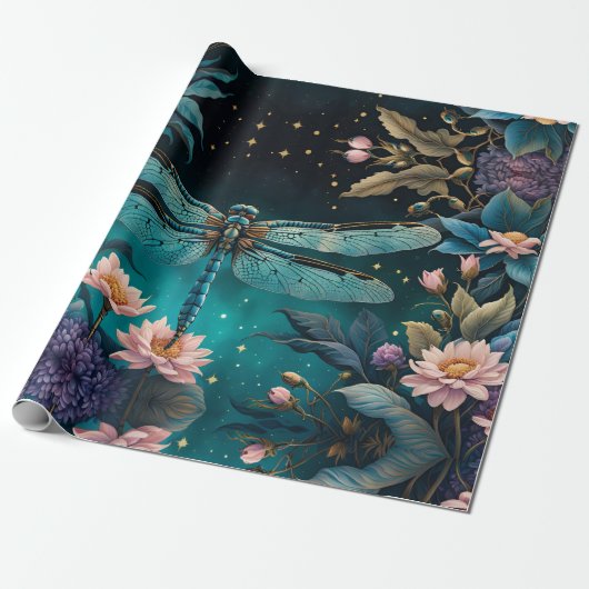 Libel in een bloementuin 's nachts cadeaupapier (Uitgerold)