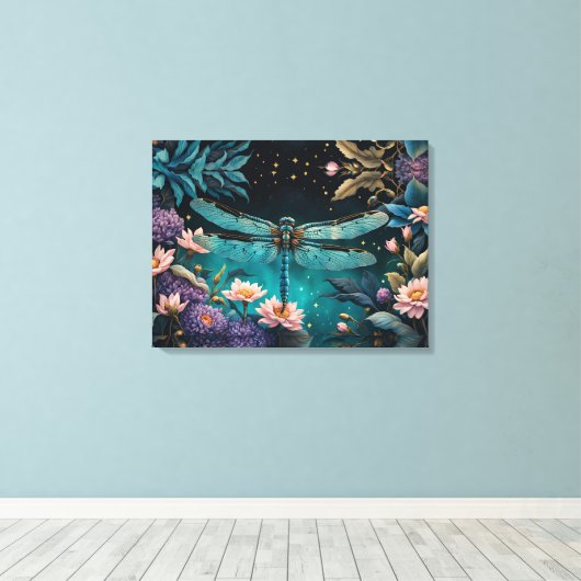 Libel in een bloementuin 's nachts canvas afdruk (Insitu (Houten vloer))