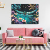 Libel in een bloementuin 's nachts canvas afdruk (Insitu (Woonkamer))