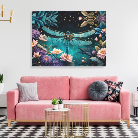 Libel in een bloementuin 's nachts canvas afdruk (Insitu (Woonkamer))