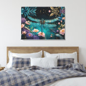 Libel in een bloementuin 's nachts canvas afdruk (Insitu (Slaapkamer))