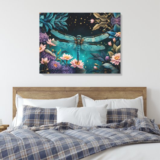 Libel in een bloementuin 's nachts canvas afdruk (Insitu (Slaapkamer))