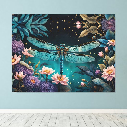 Libel in een bloementuin 's nachts canvas afdruk (Insitu (Houten vloer))