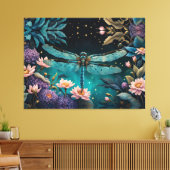 Libel in een bloementuin 's nachts canvas afdruk (Insitu (Woonkamer))