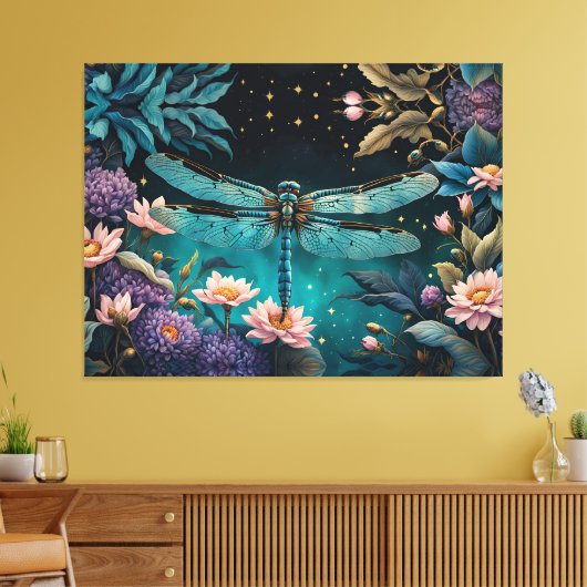 Libel in een bloementuin 's nachts canvas afdruk (Insitu (Woonkamer))