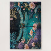 Libel in een bloementuin 's nachts legpuzzel (Verticaal)