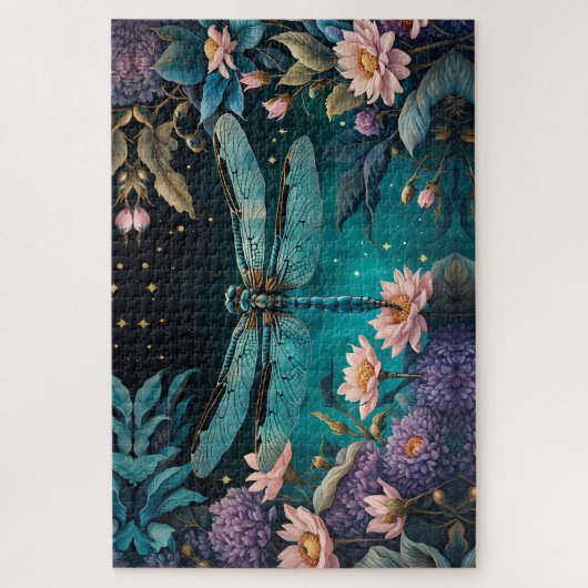 Libel in een bloementuin 's nachts legpuzzel (Verticaal)