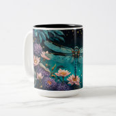 Libel in een bloementuin 's nachts tweekleurige koffiemok (Voorkant links)