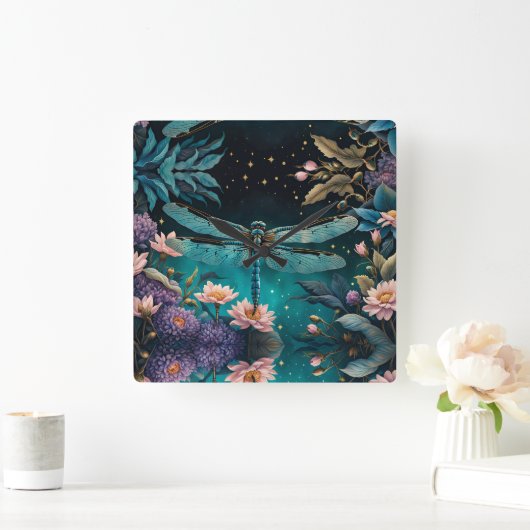 Libel in een bloementuin 's nachts vierkante klok (Huis)