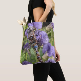 Libel met blauwe ogen op bloem tote bag