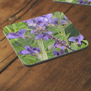 Libel met blauwe ogen op paarse bloemen bier onderzetter