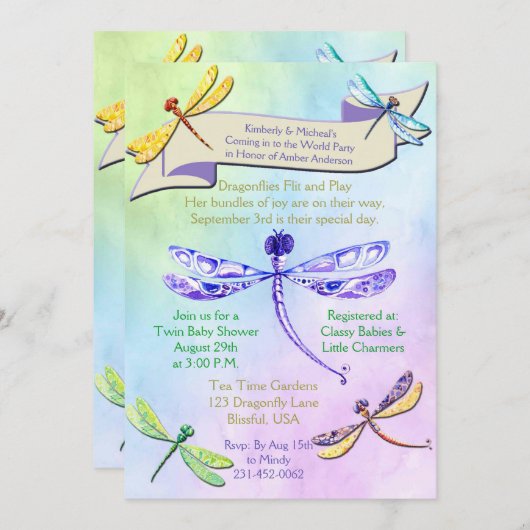 Libel met zachte juweeltoon baby shower uitnodigin kaart (Voorkant / Achterkant)