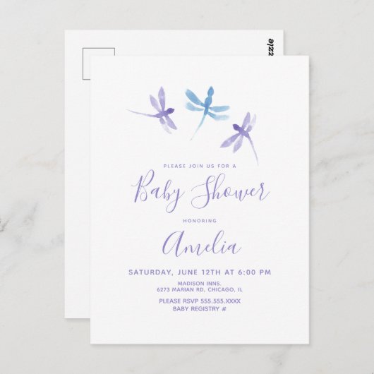 Libel Waterverf Paars Blauw Baby Shower Briefkaart (Voorkant / Achterkant)