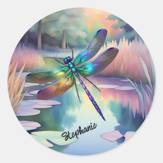 Libelle Bij De Vijver Ronde Sticker (Voorkant)