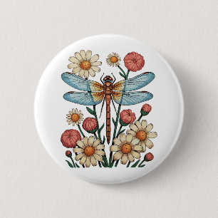 Libelle Bloemige Cottagecore Tuin Bloem Natuur Ronde Button 5,7 Cm