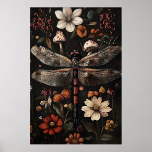 Libelle Donkere Academische Print, Donkere Bloemen Poster
