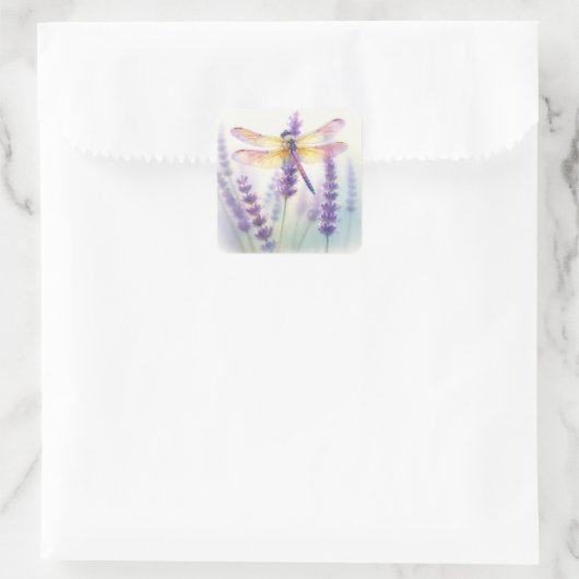 Libelle en lavendel bloeien vierkante sticker (Tas)