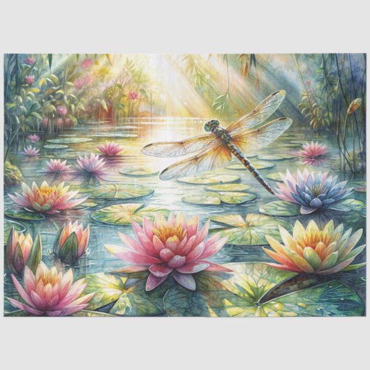Libelle en Lotusvijver Aquarel Tissuepapier (Voorkant)