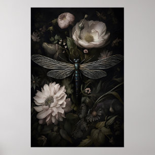 Libelle in donkere bloementuinprint, somber poster
