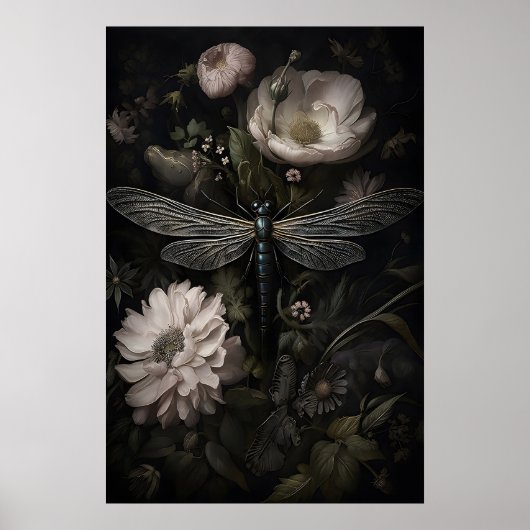 Libelle in donkere bloementuinprint, somber poster (Voorkant)