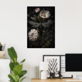 Libelle in donkere bloementuinprint, somber poster (Thuiskantoor)