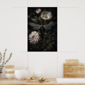 Libelle in donkere bloementuinprint, somber poster (Keuken)