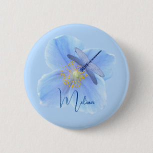 Libelle op Blauwe Papaver knop Ronde Button 5,7 Cm