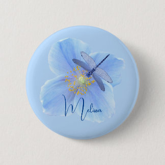 Libelle op Blauwe Papaver knop Ronde Button 5,7 Cm