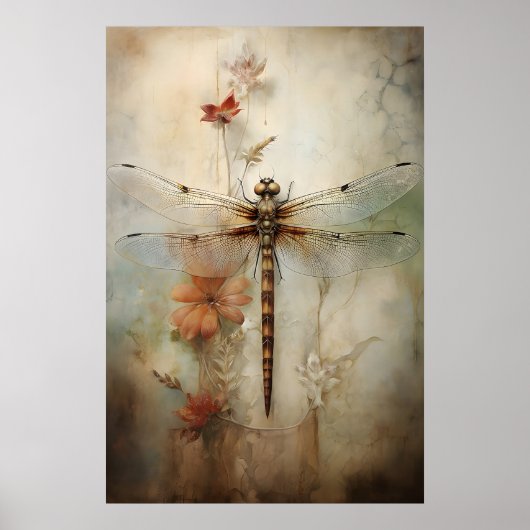 Libelle op een bloemendraak print, Zeelandschap af Poster (Voorkant)