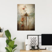 Libelle op een bloemendraak print, Zeelandschap af Poster (Thuiskantoor)