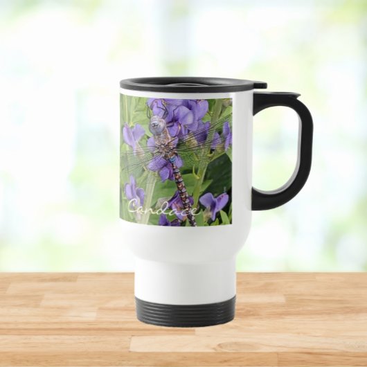 Libelle op Paarse Bloemen met Naam Reisbeker