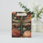 Libelle & Roze Bloemen Dankkaart Briefkaart (Staand voorkant)