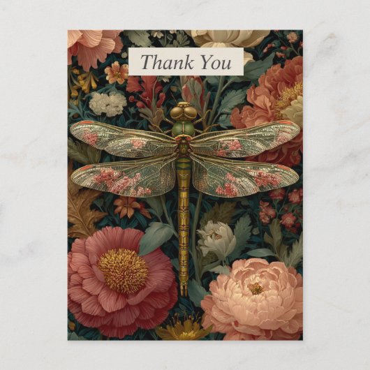 Libelle & Roze Bloemen Dankkaart Briefkaart (Voorkant)