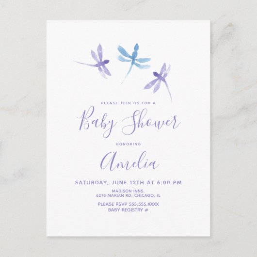 Libelle Waterverf Paars Blauw Baby Shower Briefkaart (Voorkant)