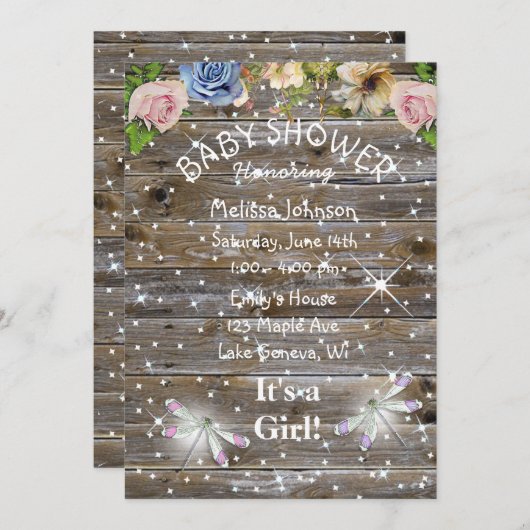 Libellen, Bloemen en Sparkles Baby shower Kaart (Voorkant / Achterkant)