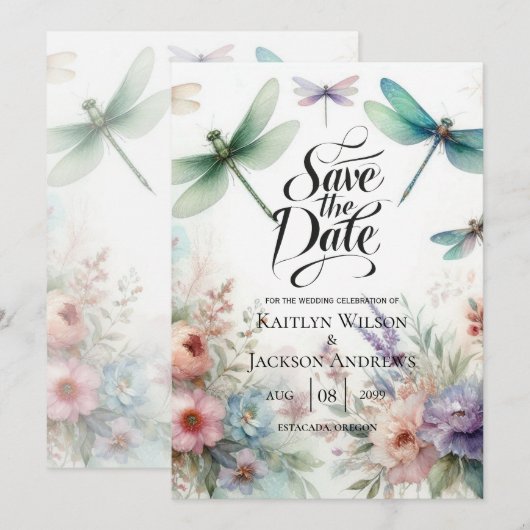 Libellen en Pastel Bloemen Save the Date (Voorkant / Achterkant)