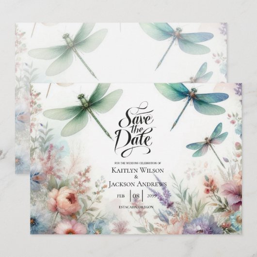 Libellen en Pastel Bloemen Save the Date (Voorkant / Achterkant)