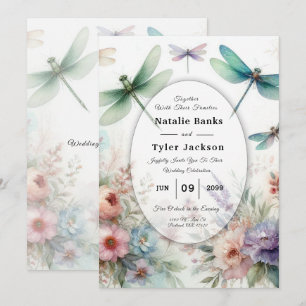 Libellen en Pastel Kleurige Bloemen Bruiloft Kaart