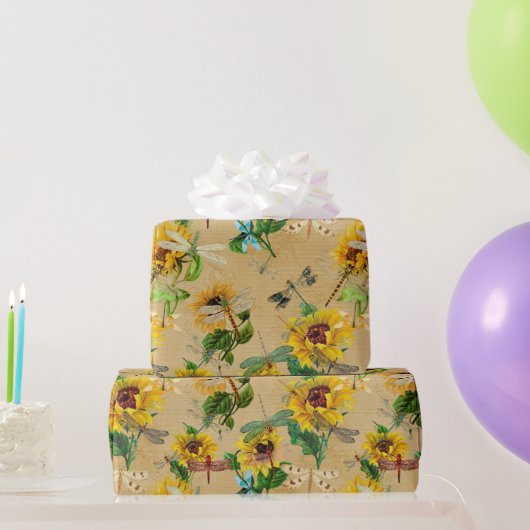 Libellen en zonnebloemen geel groen beige  cadeaupapier (Feestgeschenken)