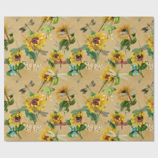 Libellen en zonnebloemen geel groen beige  cadeaupapier (Vlak)