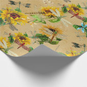 Libellen en zonnebloemen geel groen beige  cadeaupapier (Hoek)