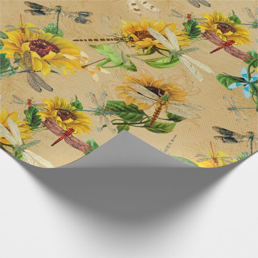 Libellen en zonnebloemen geel groen beige  cadeaupapier (Hoek)