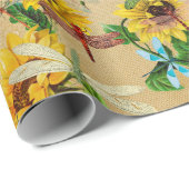 Libellen en zonnebloemen geel groen beige  cadeaupapier (Rol Hoek)