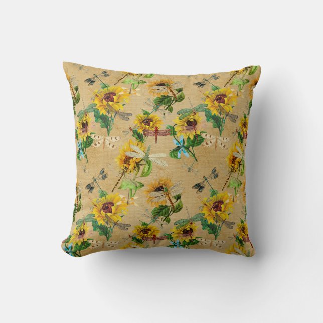 Libellen en zonnebloemen geel groen bruin kussen (Voorkant)