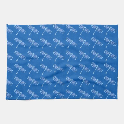 Libellen, lichtblauw op denimblauw theedoek (Horizontaal)