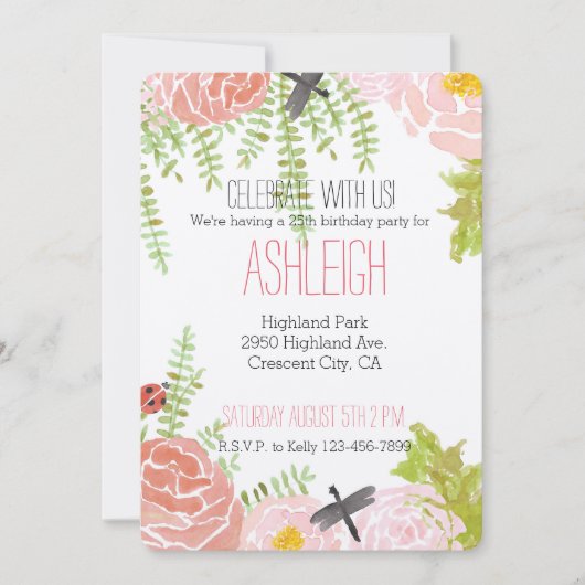 Libellen Rozen Waterverf Tuin Verjaardag Kaart (Voorkant)