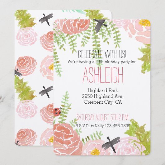 Libellen Rozen Waterverf Tuin Verjaardag Kaart (Voorkant / Achterkant)