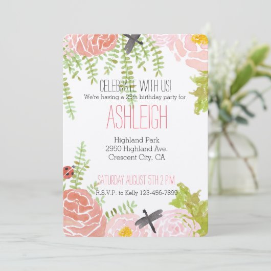 Libellen Rozen Waterverf Tuin Verjaardag Kaart (Staand voorkant)