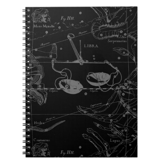 Libra Constellation Hevelius 1690 Map on Black Notitieboek (Voorkant)