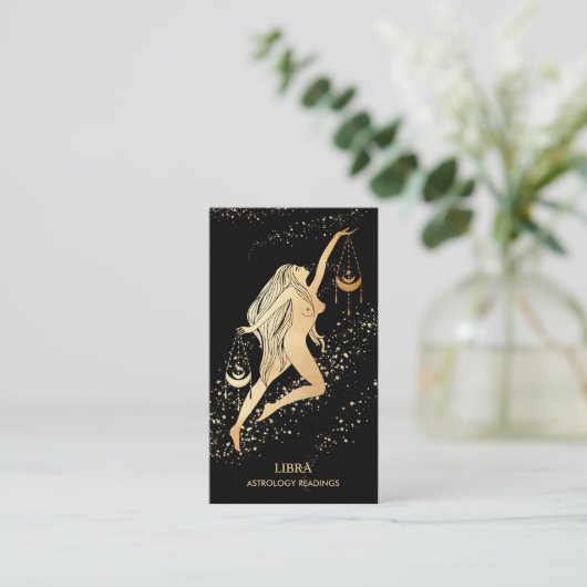 *~* LIBRA Zodiac Astrology Reading Gold Black Visitekaartje (Staand voorkant)